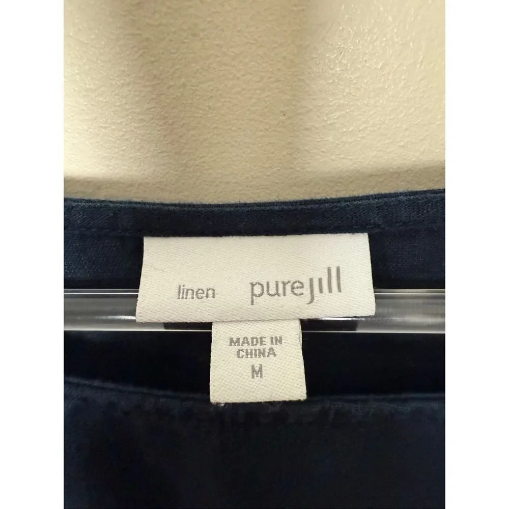 Pure Jill Blue 100% Linen Blouse Medium 3/4 Sleeve Modest Relaxed Fit Front Patc - Picture 2 of 4